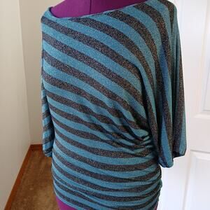 French Connection Asymmetrical Glitter Blouse M green teal stripes off shoulder